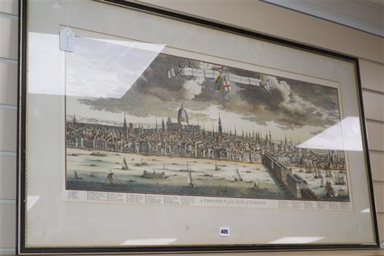 A reproduction engraved print, A Prospect of the City of London, 40 x 94cm